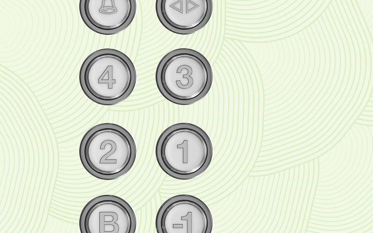 2 rows of unorganized elevator buttons on a creative green background
