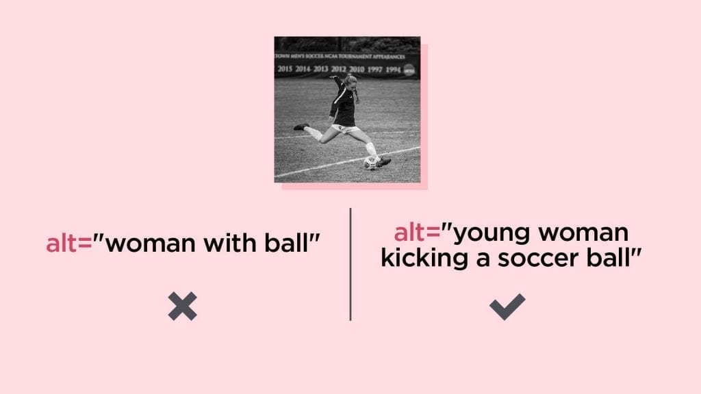Comparing good and bad alt text for a young woman kicking a soccer ball