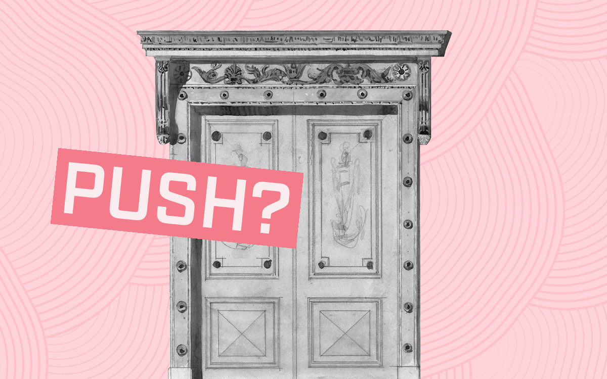 Door gif that says PUSH? or PULL?
