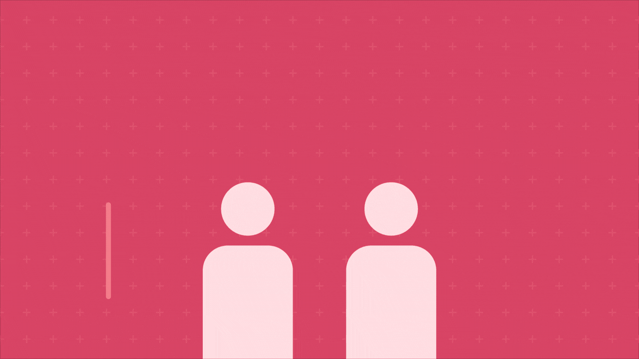People icons talking to each other in front of a pink background