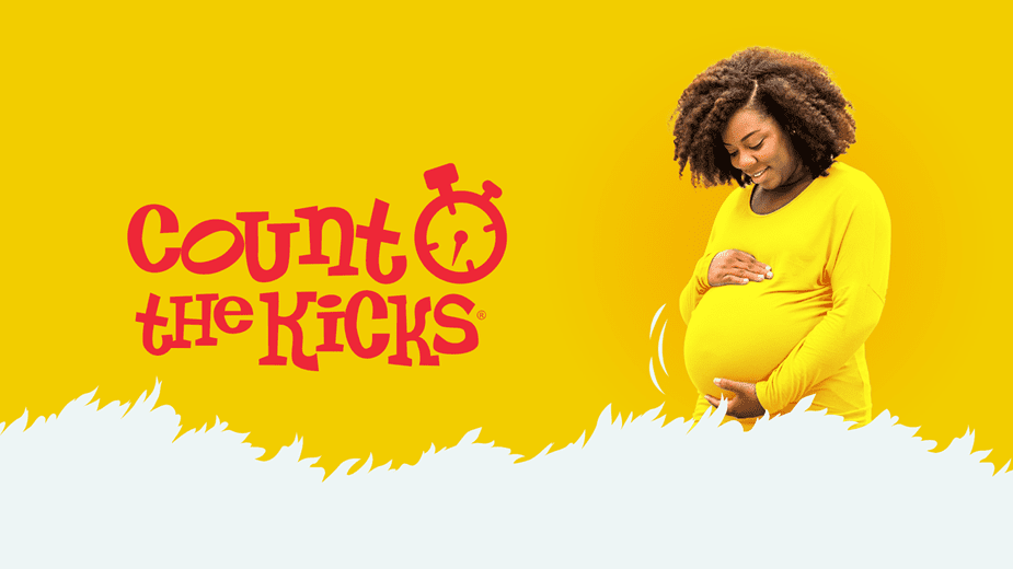 A photo with a yellow background, with a pregnant woman on the right, and the Count the Kicks logo on the left.
