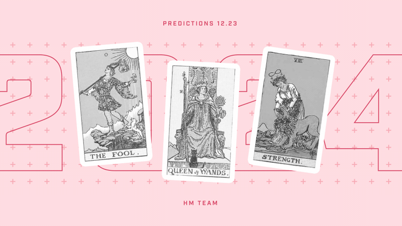 Three tarot cards, the fool, the queen of wands, and strength, are dealt to the center of the screen. The year, 2024, is in the background.