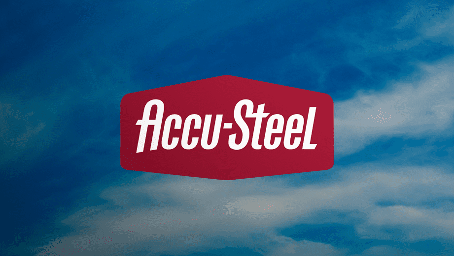 The Accu-Steel logo, a red steel building shape in solid red with white letters, stands against a blue sky.