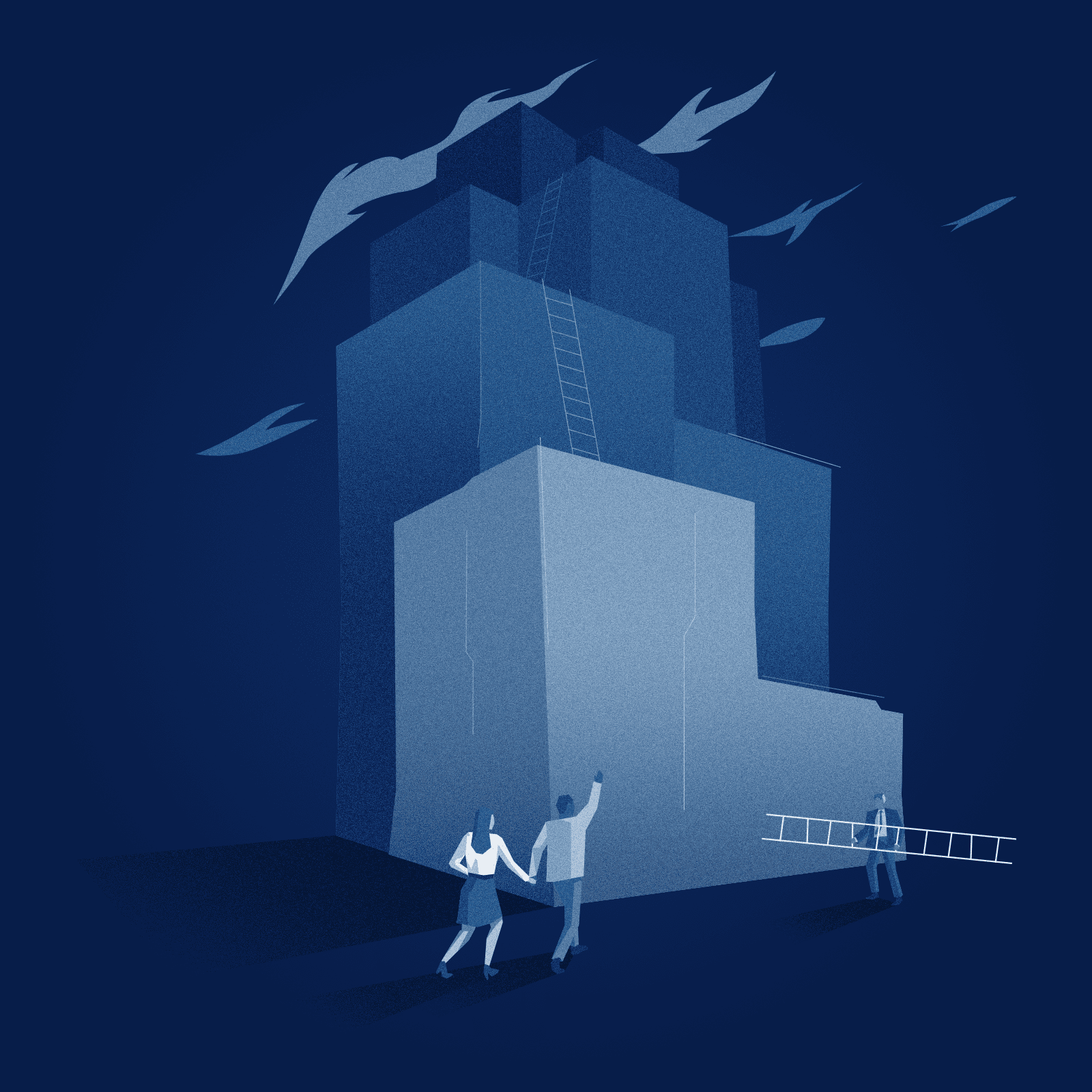 An illustration in blue hues of a couple approaching an attorney with a ladder to help them climb ascending heights.