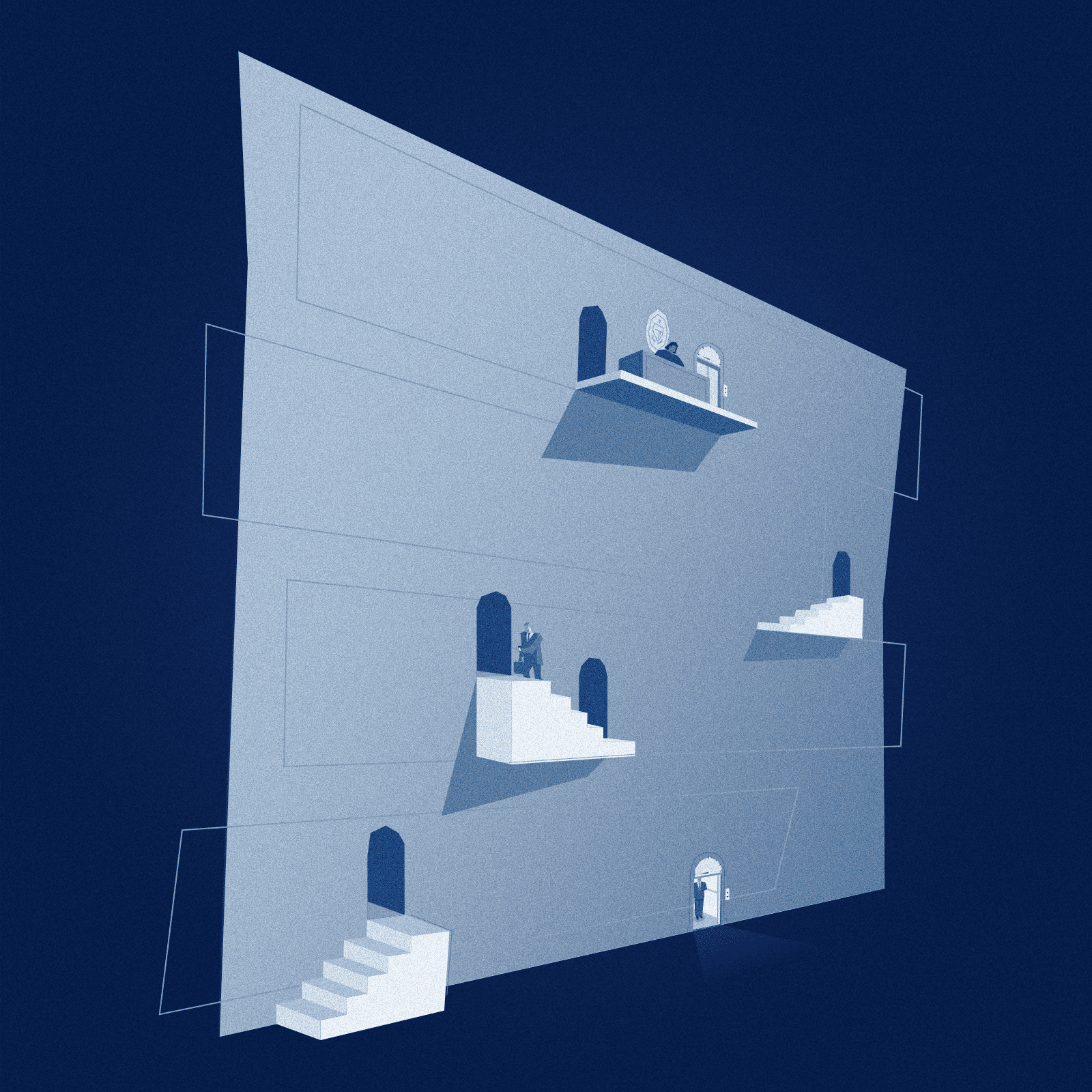 An illustration in blue hues of a large wall with stairways and doors. A judge sits atop. Attorneys are traversing the stairs, but one clever attorney uses the elevator.
