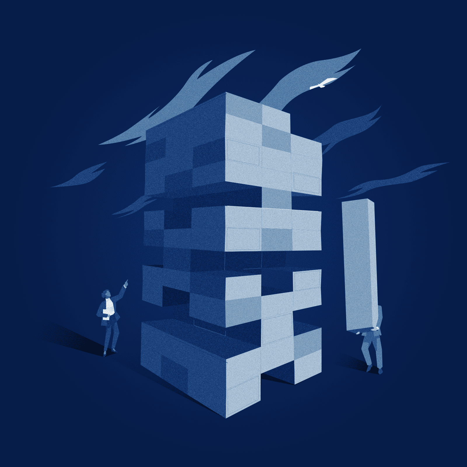 An illustration in blue hues of a giant jenga tower that is being rebuilt.