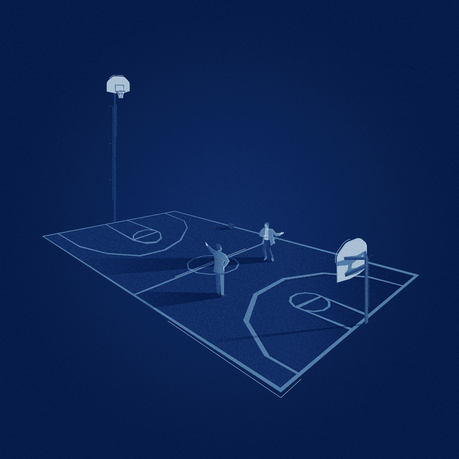 Two attorneys argue at center court over the heights of the uneven basketball hoops.