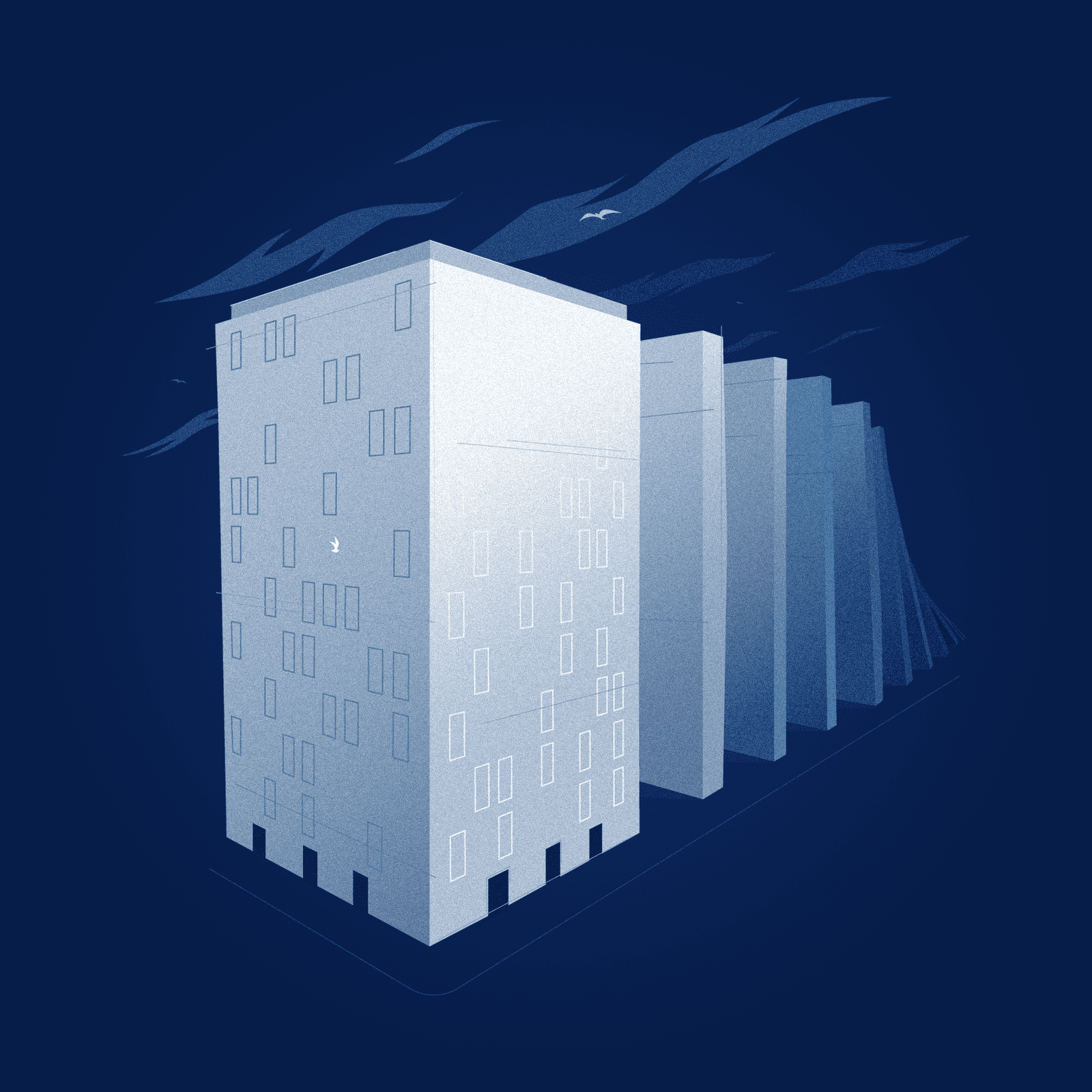 A large office building stands precipitously at the end of a chain of falling dominos.