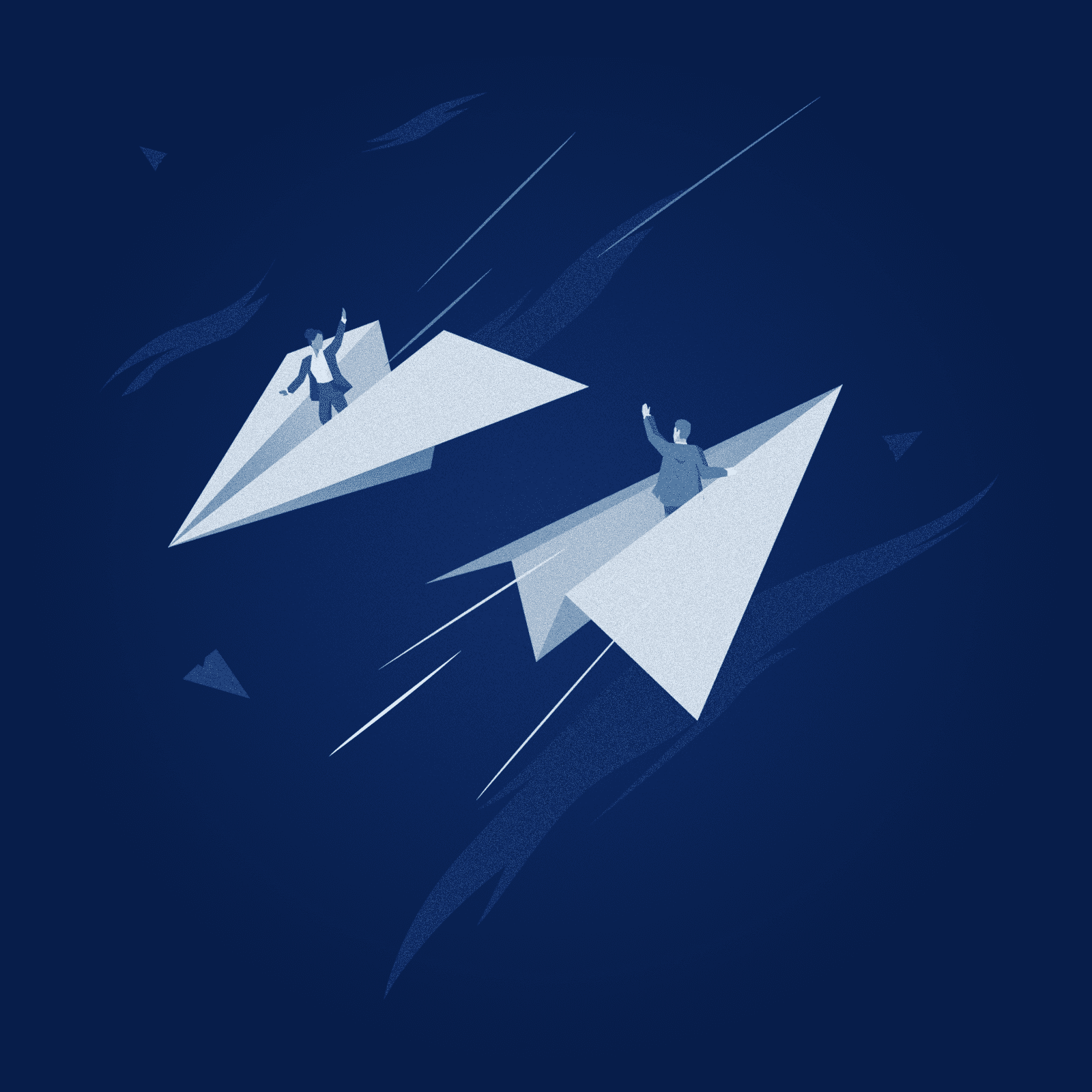 Two attorneys riding giant paper airplanes through the sky wave at each other.