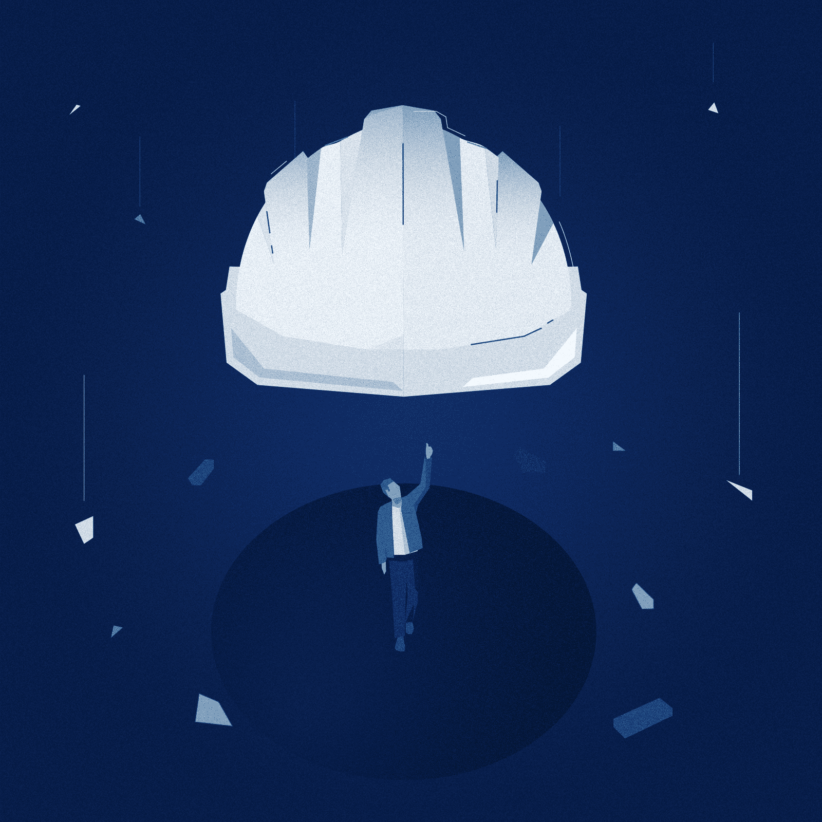 A giant floating construction helmet shields a man from falling debris.